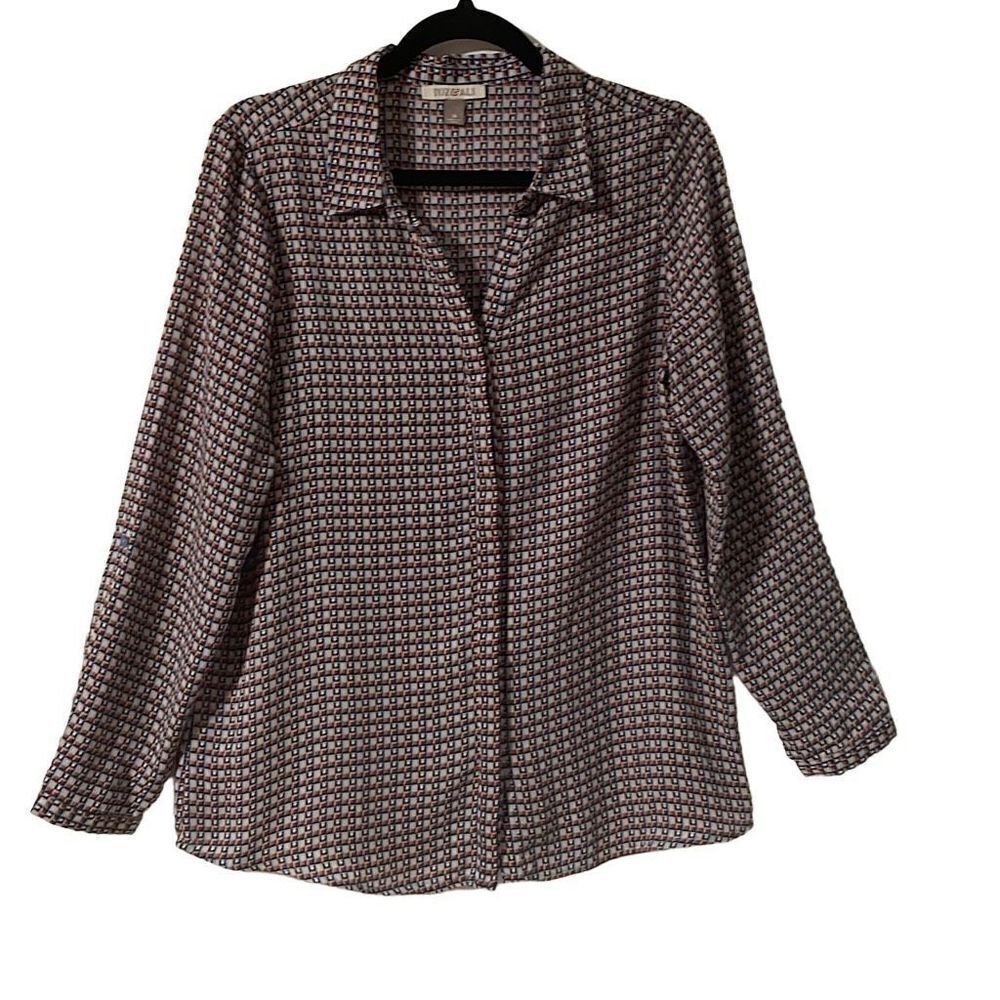 Roz & Ali geometric print long sleeve hidden button front blouse size M